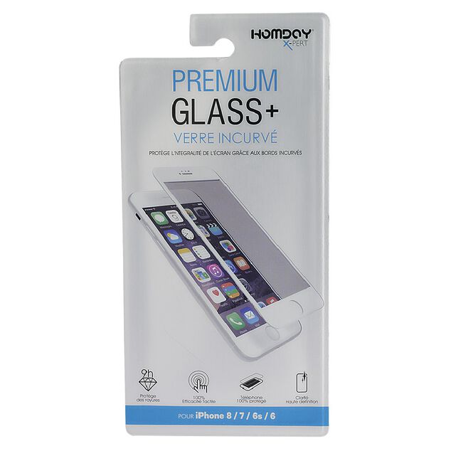Verre tremp&eacute; 3D pour Iphone 6, 6S, 7 et 8 transparent et blanc