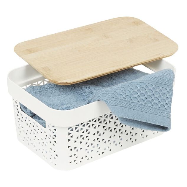Pani&egrave;re de rangement blanche avec couvercle en bambou moyen mod&egrave;le