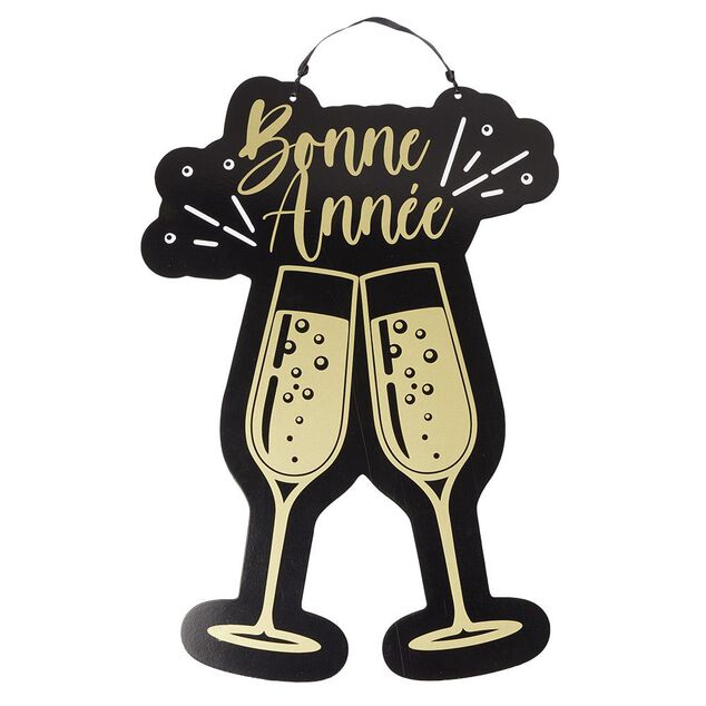 Suspension Bonne Ann&eacute;e motif verre en bois noir et dor&eacute;