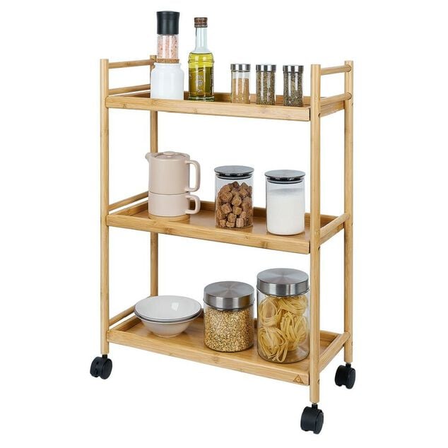 Desserte 3 niveaux &agrave; roulettes bambou et MDF 51,5x22,5xH71cm
