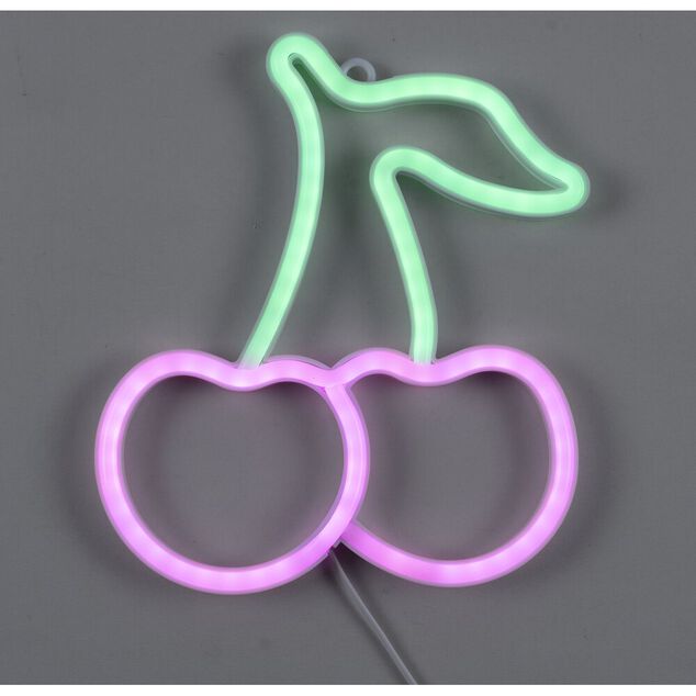 D&eacute;coration murale lumineuse n&eacute;on forme cerise rose et vert 20x22cm