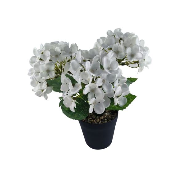 Fleurs artificielles hortensia blanc pot plastique noir Ø9,5xH27cm