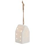 Suspension de Noël lumineuse forme maison céramique blanche 1LED blanc chaud H7,5cm