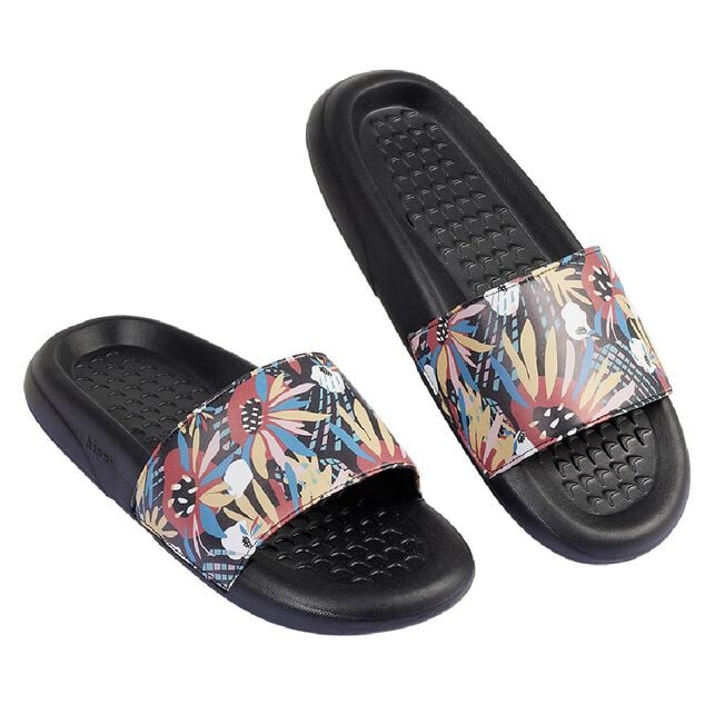 Sandales claquettes plastique noir motif feuillage multicolore 38/39
