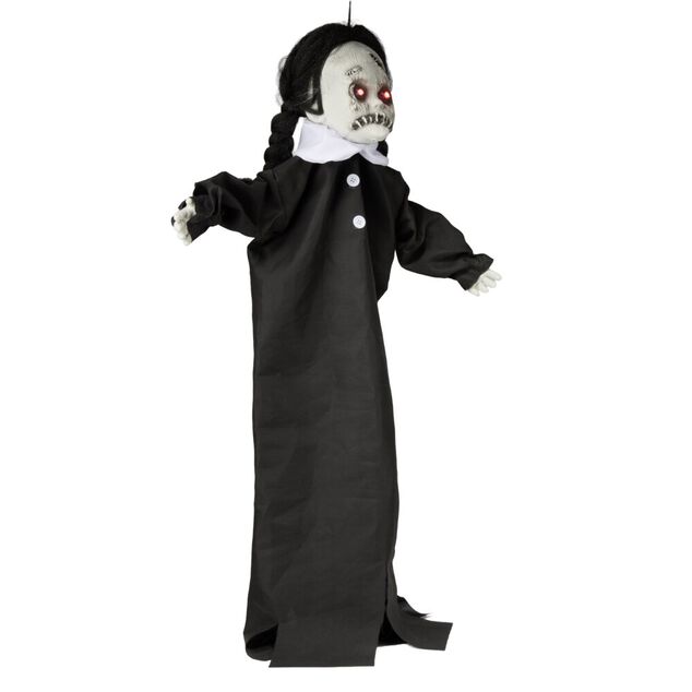 D&eacute;coration Halloween &agrave; suspendre poup&eacute;e cicatrice son et lumi&egrave;re noir yeux rouges H90cm