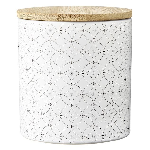 Pot en c&eacute;ramique blanc &agrave; motif gris avec couvercle en bois H10,5 cm