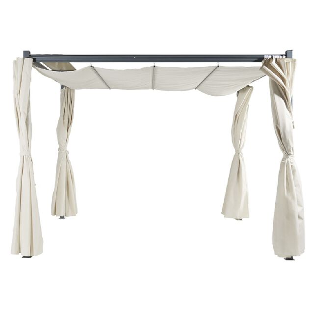Tonnelle carr&eacute;e Rome toit r&eacute;tractable et rideaux &eacute;cru UPF50+ 285x285xH220cm 8,1m&sup2;