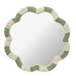 Miroir mural bord ondul&eacute; corde tress&eacute;e beige et vert &Oslash;39,5cm