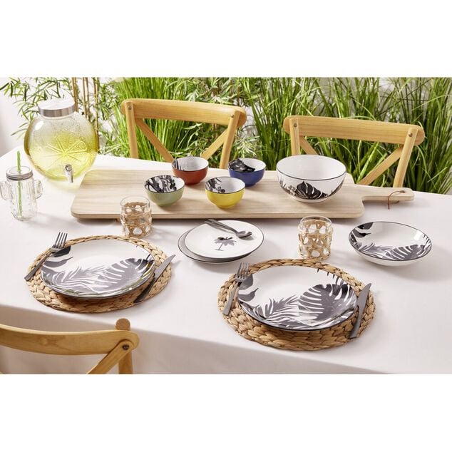Saladier 1,6L et 4 coupelles 300ml porcelaine motif feuillage tropical noir blanc