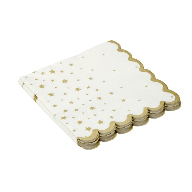 Serviette en papier 3 plis X20 pcs imprim&eacute; &eacute;toiles bord festonn&eacute; L33X33 cm blanc et dor&eacute;