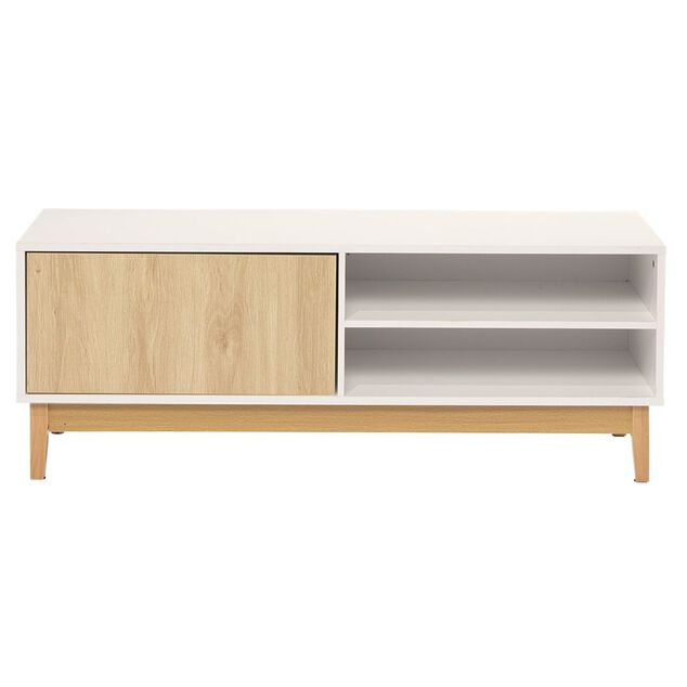 Meuble TV Lida 2 niches 1 porte en bois naturel et blanc