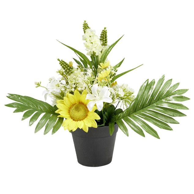 Composition florale artificielle pot tournesol/delphinium/&eacute;chinops 14 tiges