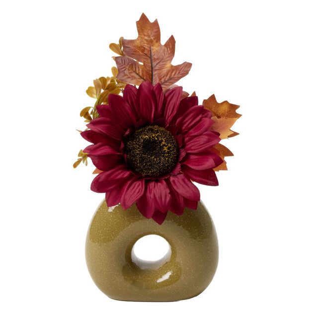Plante artificielle automne dans pot c&eacute;ramique forme donut &Oslash;14xH28cm (2 mod&egrave;les)
