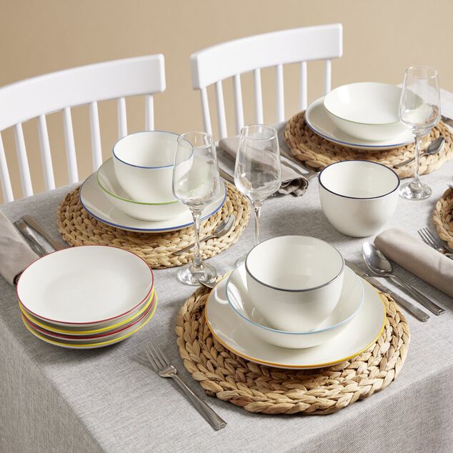 Assiette creuse porcelaine blanc liser&eacute; bleu clair &Oslash;20cm