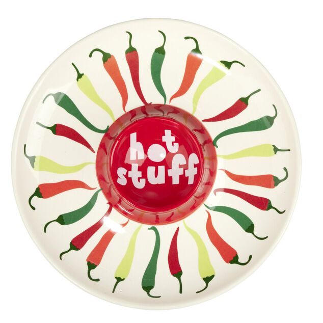 Assiette de pr&eacute;sentation dolomite compartiment sauce motif piment &Oslash;24cm (2 mod&egrave;les)