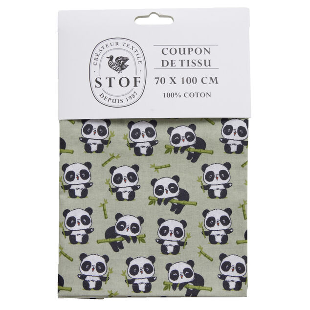 Coupon tissu imprim&eacute; panda 70x100cm coton vert, noir et blanc