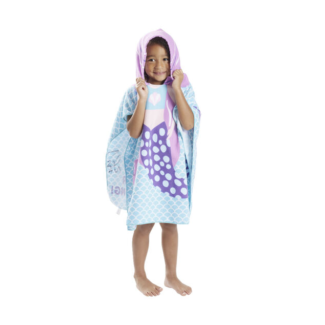 Poncho sortie de plage enfant avec capuche motif sir&egrave;ne bleu 60x60xH120cm