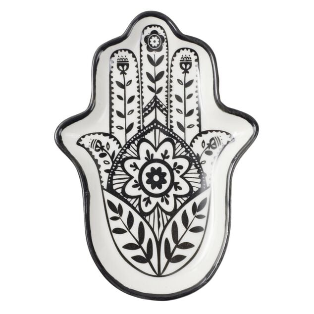 Vide poche arabesque main de Fatma c&eacute;ramique blanc et noir 11x8xH1,5cm