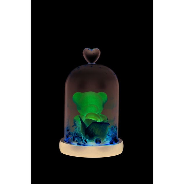 Ourson rose sous cloche en verre LED avec rose &eacute;ternelle &Oslash;12xH20cm