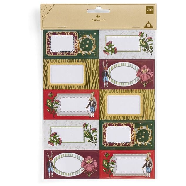 &Eacute;tiquette cadeau autocollante No&euml;l fleurs vintage lapin 4x8cm x10