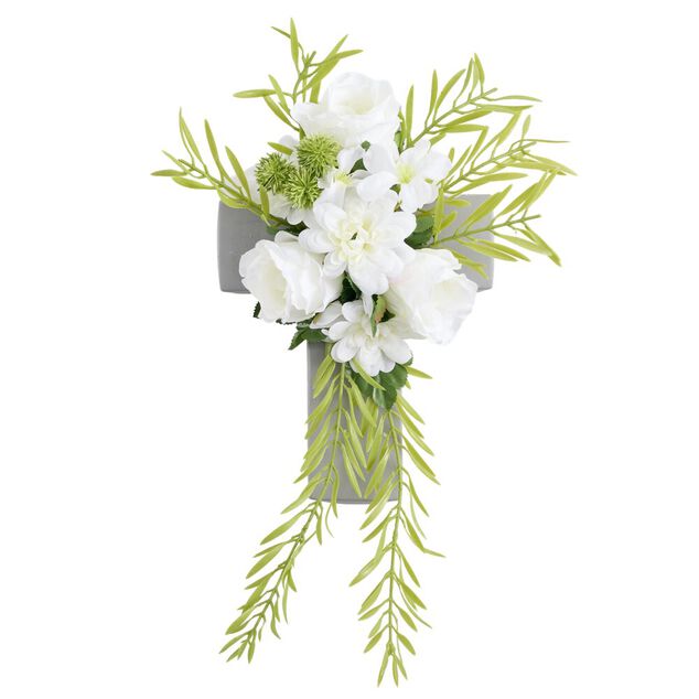 Croix fun&eacute;raire en ciment avec oeillet blanc 26x17,5xH13cm