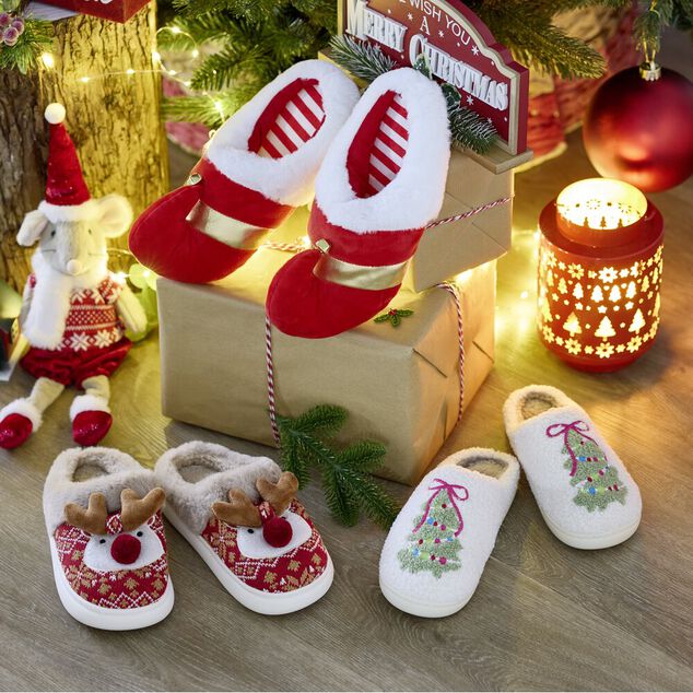 Chaussons de No&euml;l forme renne L24X23XH2 cm rouge