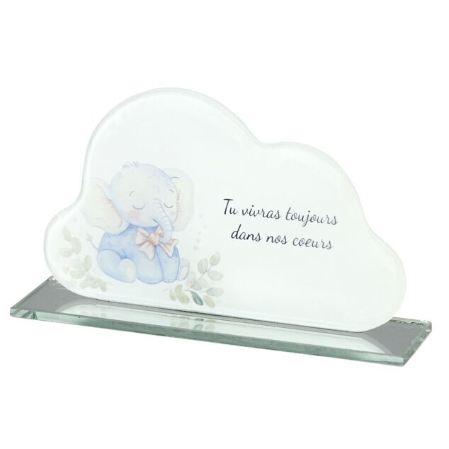 Plaque fun&eacute;raire inscription enfant &eacute;l&eacute;phant forme nuage verre bleu 16x3,5H9,5cm