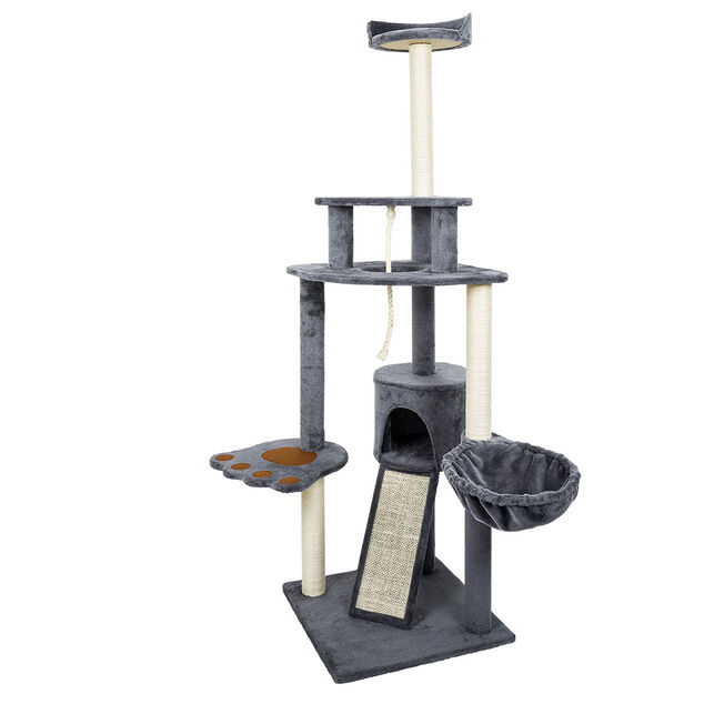 Arbre à chat XXL 4 niveaux gris couchage grifffoir H165cm