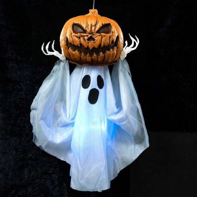 Fant&ocirc;me Halloween anim&eacute; &agrave; suspendre masque citrouille son et lumi&egrave;re 43x24xH60cm