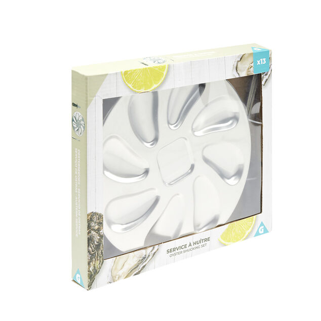 Service &agrave; huitres en inox 13 pi&egrave;ces avec couteau/fourchettes/assiettes