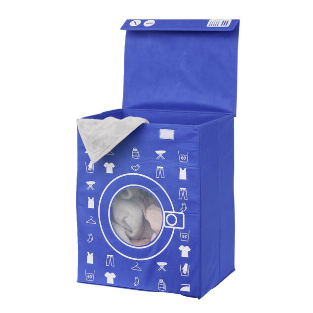 Panière de rangement à linge décor machine à laver bleu 44x35x55cm