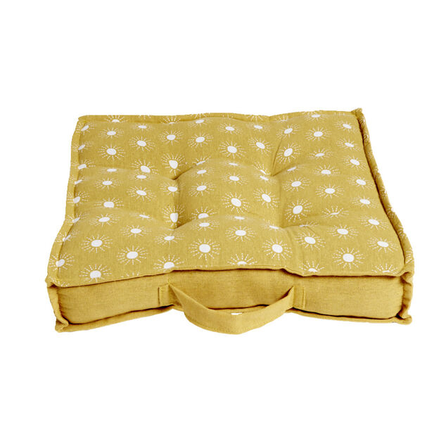 Coussin de sol carr&eacute; jaune moutarde motifs pois blancs 40x40cm