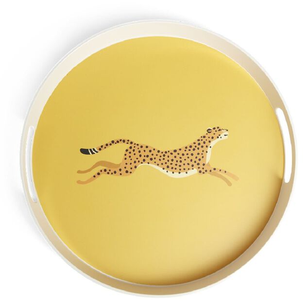 Plateau rond l&eacute;opard m&eacute;lamin&eacute; jaune &Oslash;34,5xH4,1cm