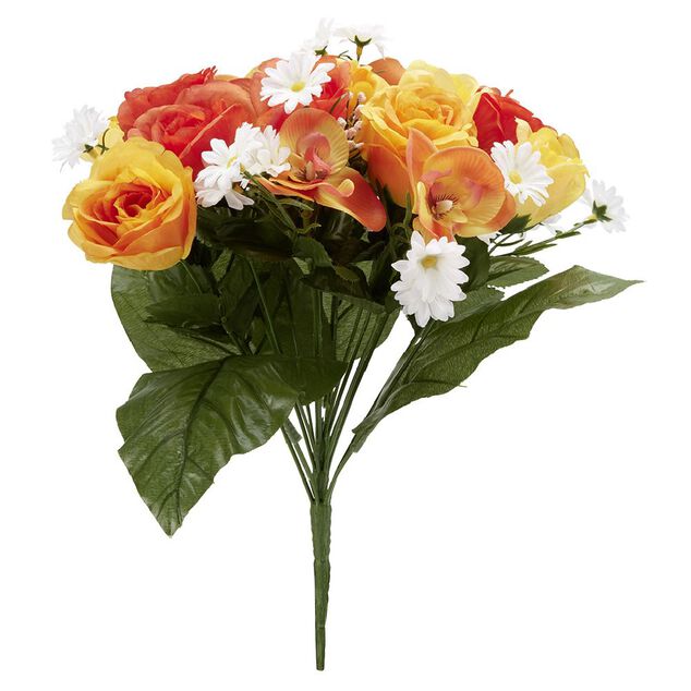Piquet rose+orchid&eacute;e+p&acirc;querette H40 cm jaune - Fleur artificielle 18 t&ecirc;tes