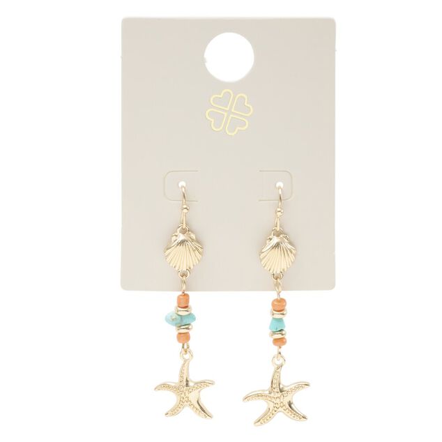 Boucles d'oreilles perles verre bleu et rouge et coquillage inox dor&eacute; L3,5cm