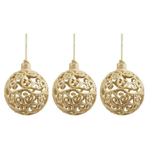 Boule de No&euml;l ajour&eacute;e motif arabesque paillet&eacute; dor&eacute; &Oslash;8 cm x3
