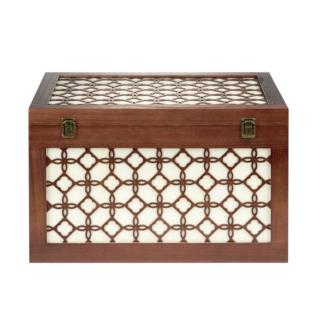 Malle rangement en bois fermeture et poign&eacute;es m&eacute;tal carreau de ciment 48x32xH30cm