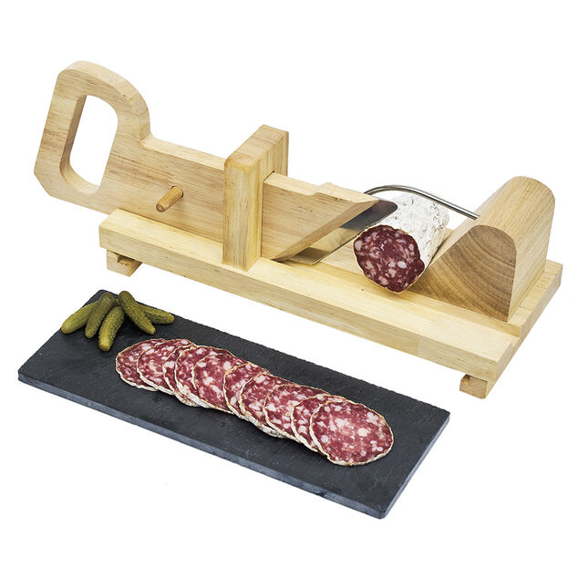 Trancheuse &agrave; saucisson coulissant avec plateau ardoise