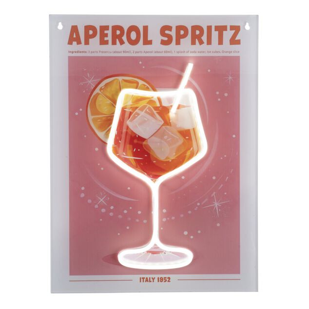 Tableau rectangulaire APEROL SPRITZ avec verre contour n&eacute;on 32x43cm