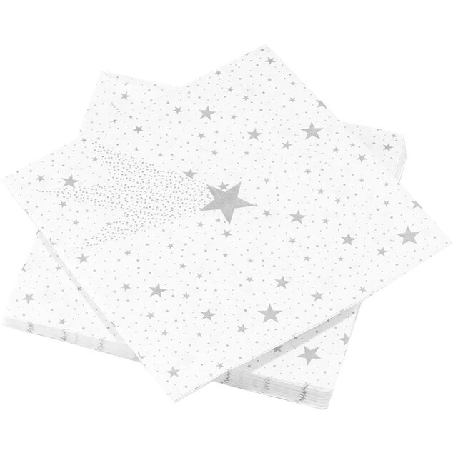 Serviette en papier motif &eacute;toile et flocon argent&eacute; x 20