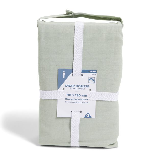 Drap housse 90x190cm 100% coton vert c&eacute;ladon