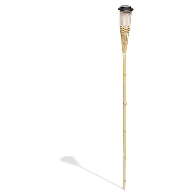 Torche solaire effet flamme 12 LED blanc chaud bambou H120cm