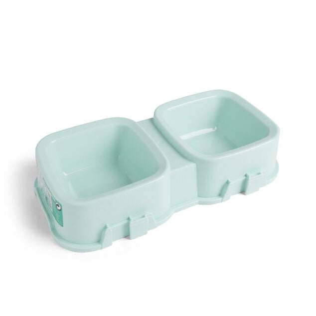 Gamelle double carr&eacute;e pour chien plastique vert - 31,8x16,6xH6,5cm