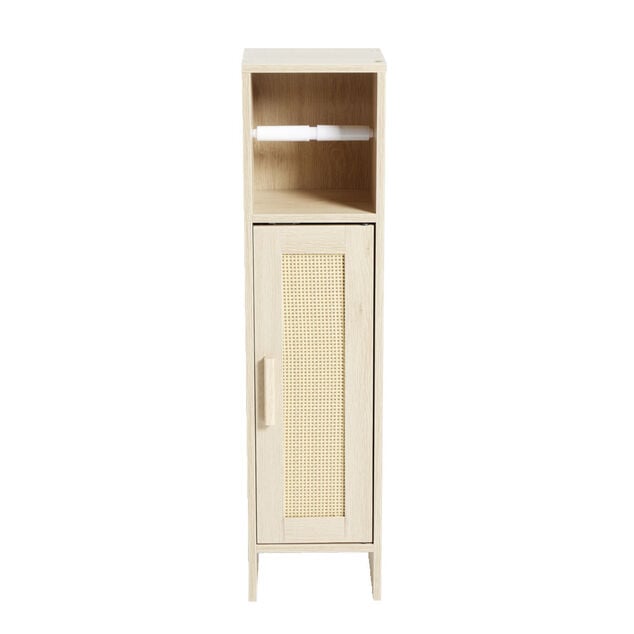 Meuble toilette en bois d&eacute;rouleur papier et 1 porte cannage 20xP19xH80cm