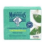 Savon solide Le Petit Marseillais mains et corps ch&egrave;vrefeuille 4x100gr