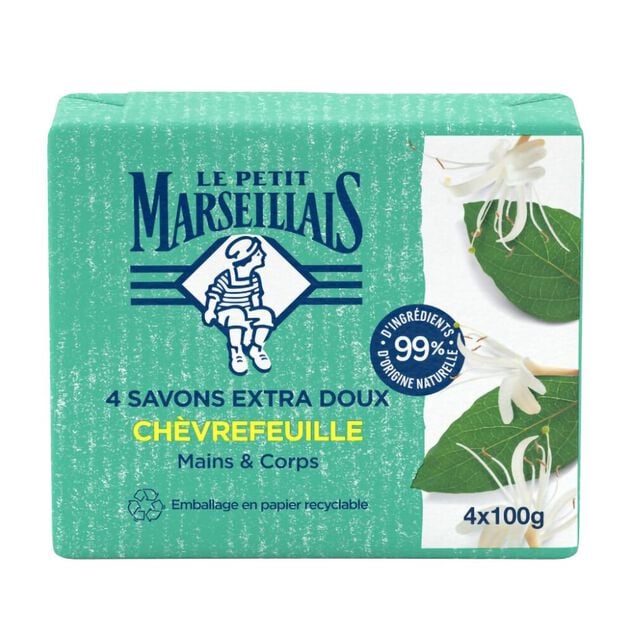 Savon solide Le Petit Marseillais mains et corps ch&egrave;vrefeuille 4x100gr