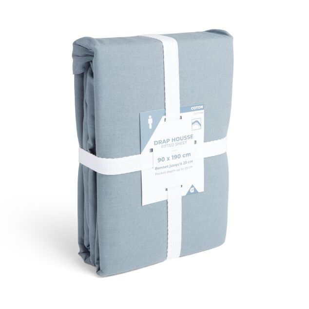 Drap housse 90x190cm 100% coton bleu chin&eacute;