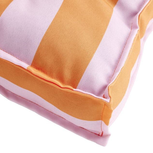 Coussin de sol assise carr&eacute;e matelass&eacute;e bayad&egrave;re rayures rose et orange 50x50cm