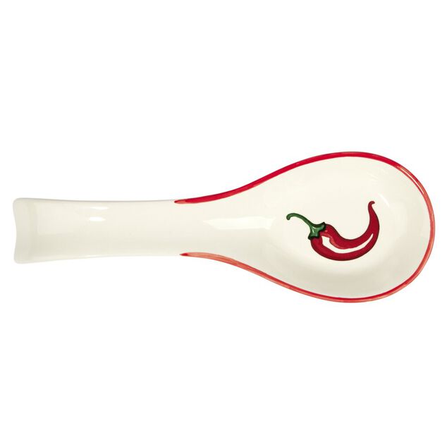 Repose-cuill&egrave;re en c&eacute;ramique blanche motif piment rouge L16cm