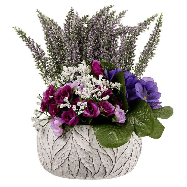 Fleurs artificielles dans vasque bruy&egrave;re et mini roses